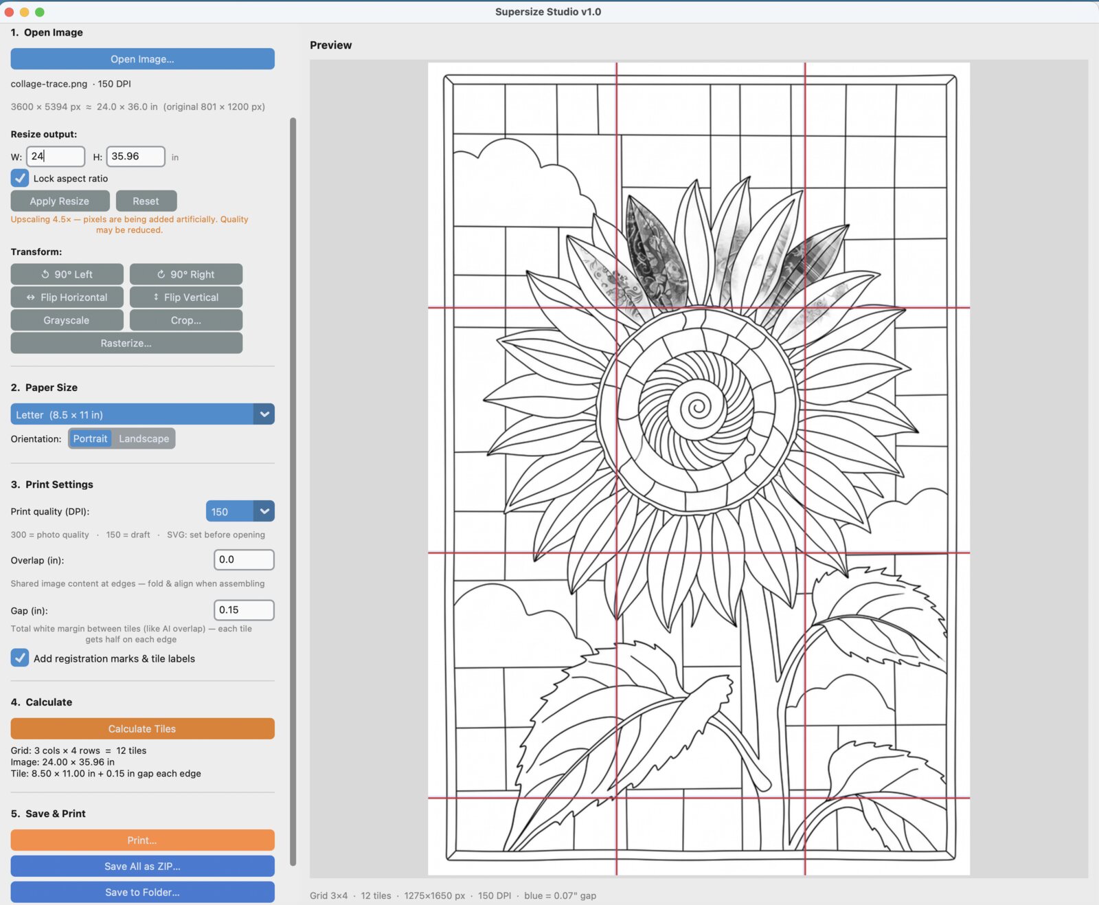 SuperSize Studio splitting a sunflower outline pattern across tiled letter-size pages with registration marks